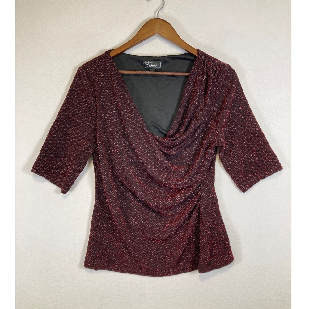 Holiday Glam Dressbarn Women Large Red Black Metallic Cowl Neck Ruched Blouse‎